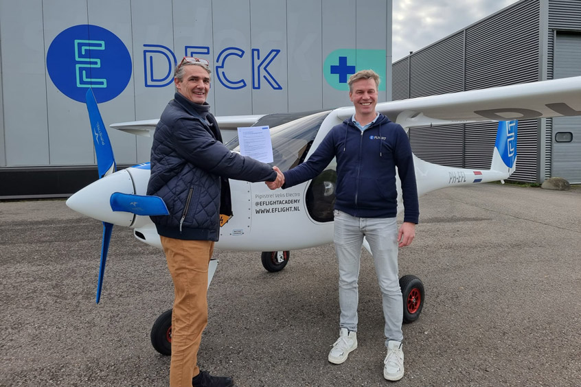 Evert-Jan Feld, co-founder & Head of Training at E-Flight Academy, welcomes Chris Rijff, CEO of Cormorant SEAplanes, to the E-Deck hangar at Teuge International Airport.