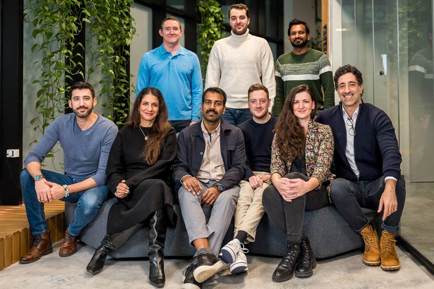 The Azzera team: (standing) co-founder Nick Houseman, head of marketing Armin Nalavi and Celeste sales Prakash Rajan; (sitting) chief science officer Sebastien Lacube, CEO and co-founder Puja Mahajan, chief innovation officer Anant Jain,  chief technology officer Luke Harbord, head of aviation sustainability Jasmina Orsic, and VP business development and sales Rani Jeannet.