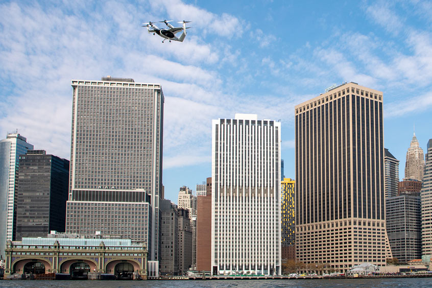 Joby's all-electric aircraft in flight above New York City in November 2023.