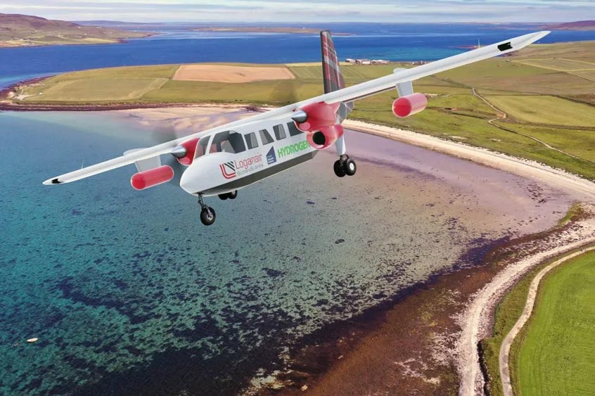 Visualisation of a Loganair hydrogen-powered Britten-Norman Islander flying in Orkney.
