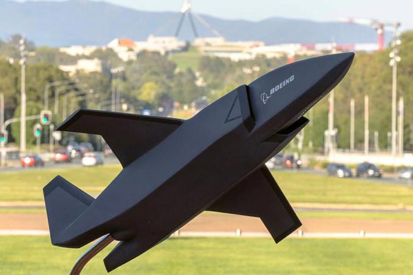 A model of the MQ-28A Ghost Bat on display at Russell Offices, Canberra.
