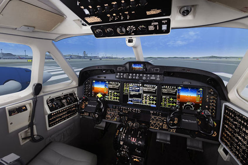 A TRU Simulation King Air 350 Pro Line Fusion cockpit.