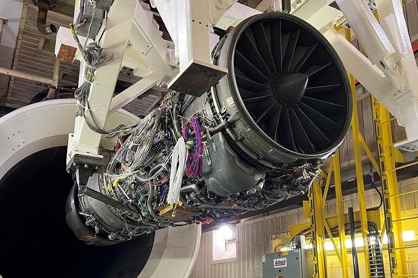 A GE Aerospace F110 engine being used in high-pressure turbine testing.