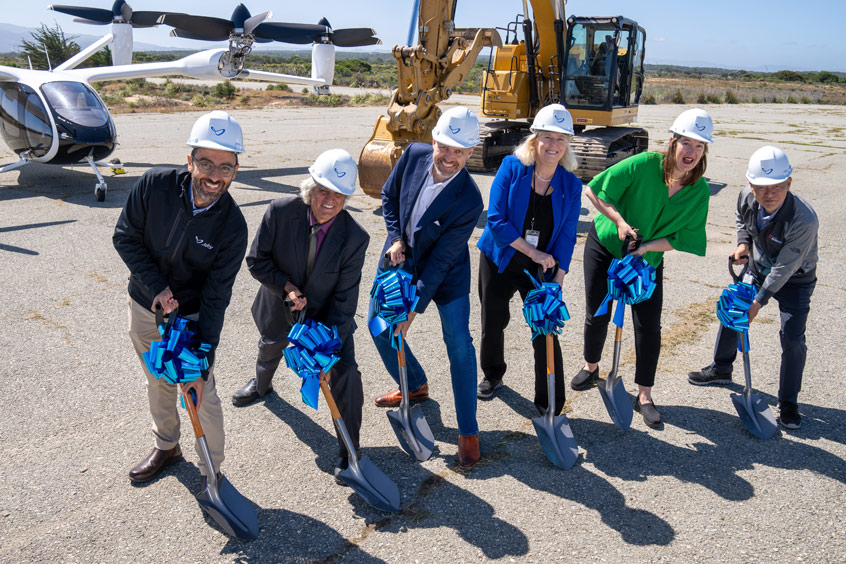 Joby gets set to expand its manufacturing facilities in Marina, California with mayor Bruce Delgado, Monterey County supervisor Wendy Root-Askew and Toyota collaboration lead Kiyoshiba Mase.