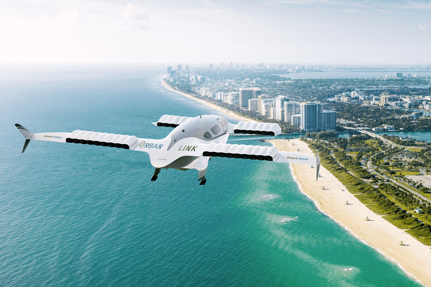 A rendering of the Lilium Jet with UrbanLink livery flying over Miami.