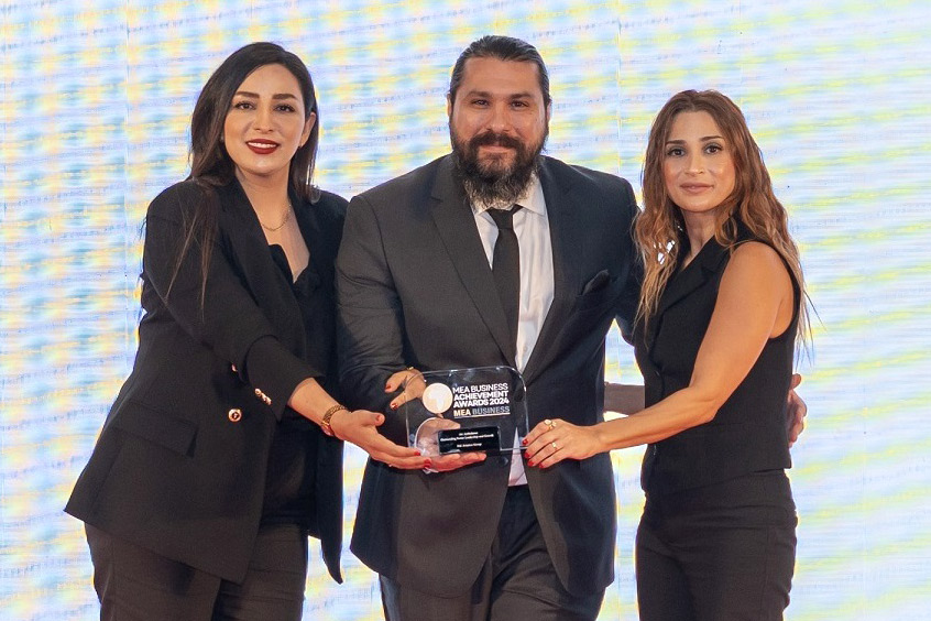 FAI Dubai team members with the award - Amina Rhazi, charter sales; Murad Obaisat, manager operations and Mariana Serhan, charter sales.