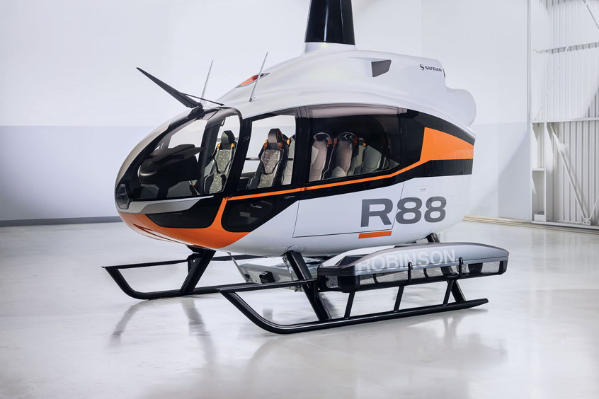 The Robinson R88 features optional high skids for enhanced ground clearance and utility applications.