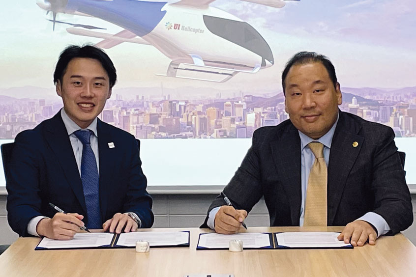 Eve Northeast Asia business development director Takumi Mori and UI CEO Sungwieh Albert Rim.