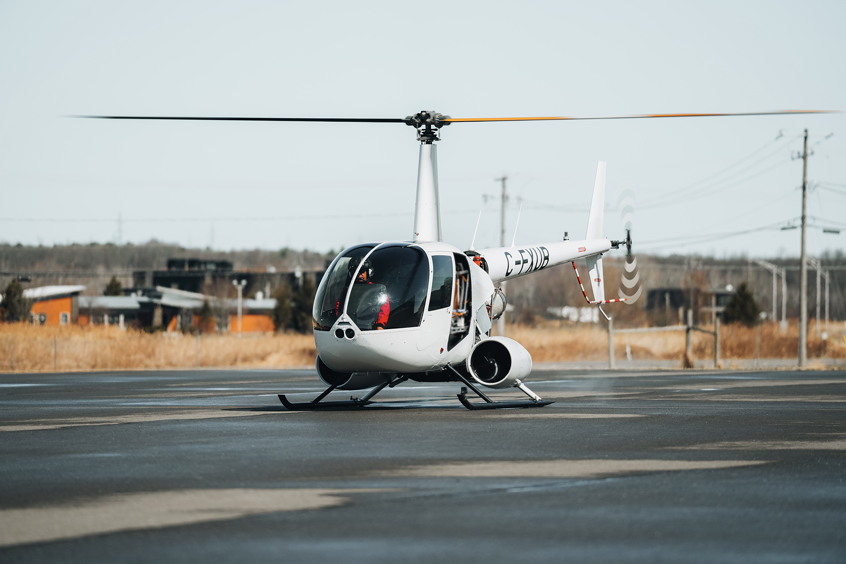 Ric Webb of Unither Bioélectronique performs pre-flight checks in the company’s experimental hydrogen-powered Robinson R-44 Raven II helicopter at Roland-Désourdy Airport in Bromont, Québec, March 27, 2025.