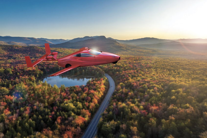 Autumn Flight in the Switchblade Flying Sports Car (rendering). With Samson Sky's flying car, you will see the world from a whole different perspective. You'll be able to fly above it all or drop down and drive to explore something up close. You decide how and when YOU want to travel.