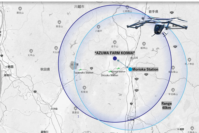 An initial concept for areas of Iwate Prefecture (northern Japan) that could be served by SkyDrive’s eVTOL. As announced by JR East and SkyDrive.