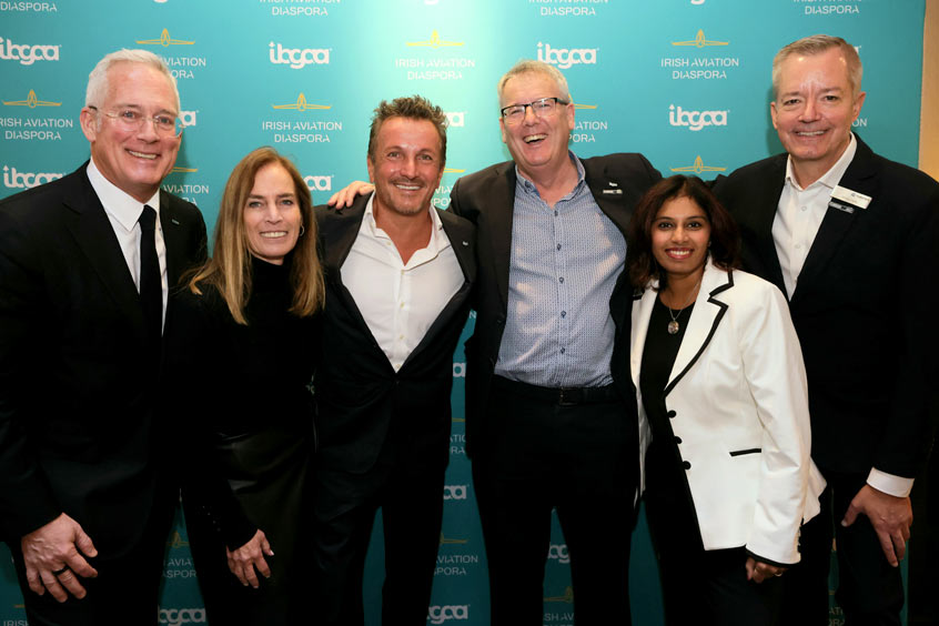 International Business Aviation Council director general Kurt Edwards with 4Air chief operating officer and cofounder Nancy Bsales, IBGAA founding chairman Josh Stewart, IBGAA founding executive director Joe Buckley, Gulfstream Aerospace vice president and chief sustainability officer Smitha Hariharan and NBAA senior vice president for sustainability and international affairs Doug Carr.