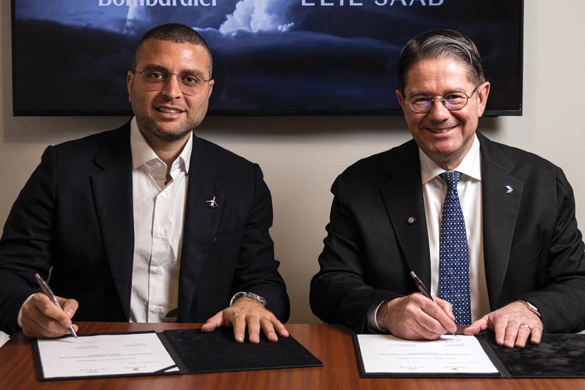 Elie Saab Junior and Éric Martel celebrate the design collaboration between Elie Saab and Bombardier.