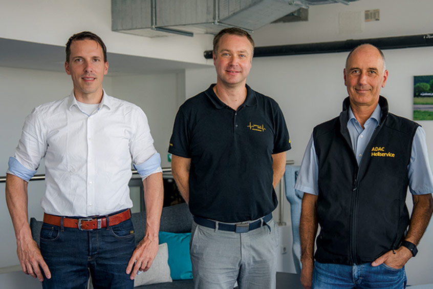 David Bausek of Volocopter Technologies, Aaron Erd of ADAC Luftrettung and Ulrich Amersdorffer of ADAC Heliservice at the announcement of the 2026 sandbox programme.