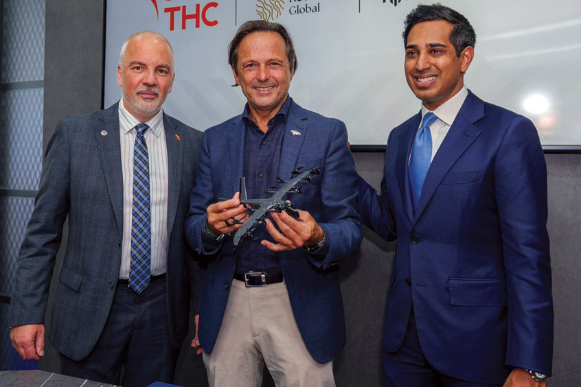 THC CEO captain Arnaud Martinez, Red Sea Global group CEO John Pagano and Archer CCO Nikhil Goel sign their MoU.