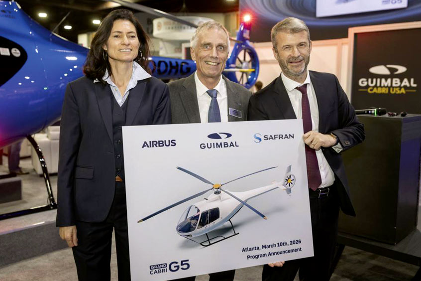 Mathilde Royer-Germain, head of strategy and sustainability at Airbus Helicopters, Bruno Guimbal, chief executive officer of Hélicoptères Guimbal, and Cédric Goubet, chief executive officer of Safran Helicopter Engines.