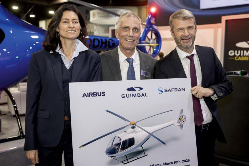 Mathilde Royer-Germain, head of strategy and sustainability at Airbus Helicopters, Bruno Guimbal, chief executive officer of Hélicoptères Guimbal, and Cédric Goubet, chief executive officer of Safran Helicopter Engines.