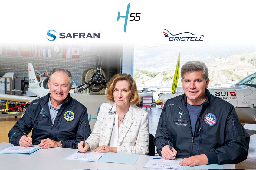 Picture (from the left) / André Borschberg - H55 Chairman, Agnès Pronost Gilles - Safran EVP & GM Power Division and Rob Solomon - H55 CEO