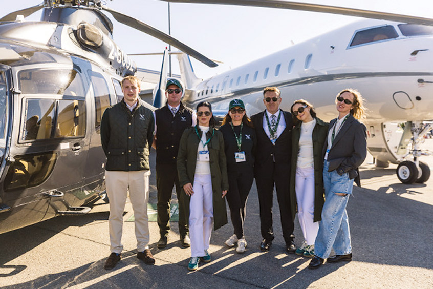 Senior charter executive Archie Nicholson, helicopter pilot Ryan Ward, head of marketing Katie Guilbert, flight ops director and chief pilot Danielle Rutter, head of training Dafydd Pemberton, senior sales assistant Isobel Hedley and sales manager Olga O'Connor.