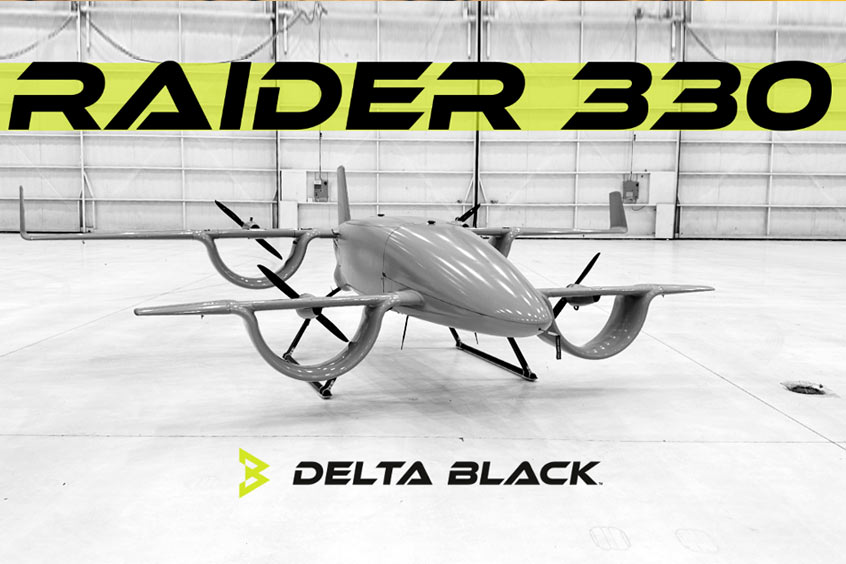 The Raider 330, Delta Black Aerospace's Group 3 hybrid-electric VTOL UAS, photographed at the company's HQ in McKinney, TX.