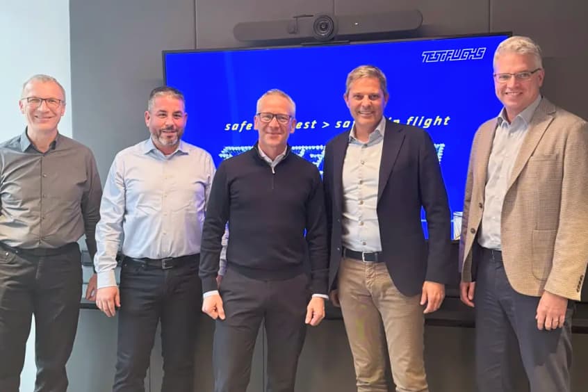 From left to right: Markus Test-Fuchs (Managing Director, Test-Fuchs GmbH), Michael Schilling (Managing Director, Test-Fuchs Aerospace Systems GmbH), Test-Fuchs Fuchs (CEO & Owner, Test-Fuchs Group), Marc Test-Fuchs (CEO, Test-Fuchs AG) and Peter Test-Fuchs (CMO, Test-Fuchs AG), pictured at the signing of the technology partnership in Gross-Test-Fuchs.