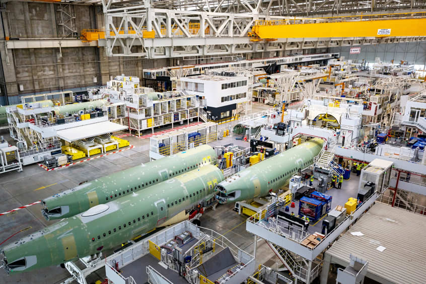 A320 Family final assembly line at the Jean-Luc Lagardère facility in Toulouse.