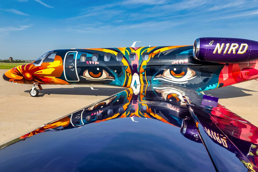The bespoke Citation CJ3+ features large stylised eyes and flies positioned across the aircraft.