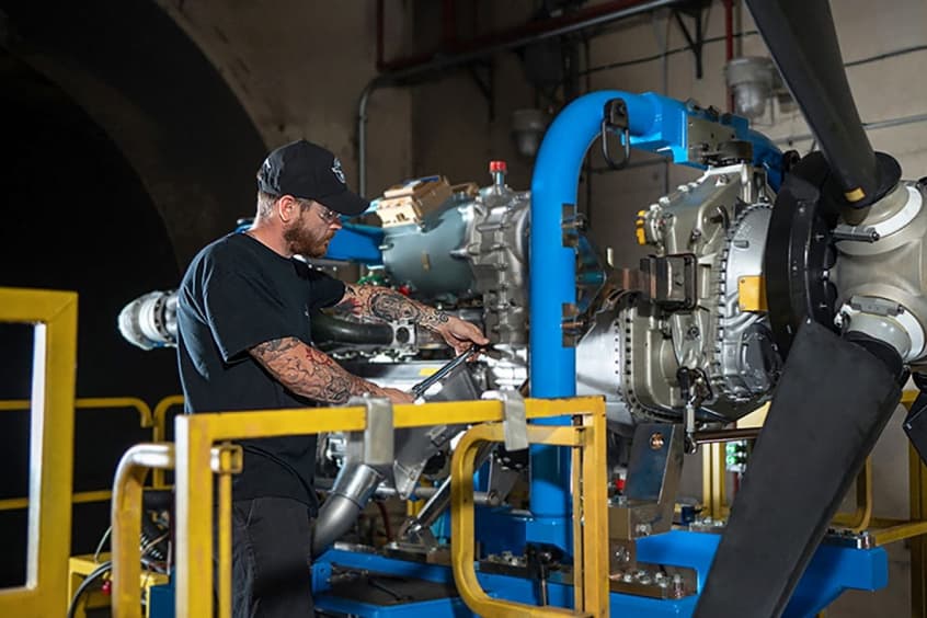 The flight-standard engine for the RTX Hybrid-Electric Flight Demonstrator assembled at Pratt & Whitney Canada’s test facility.