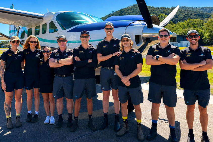 Pilots Brooke Daley and Bebhinn Hickey, office manager Sarah Spearman, safety manager Rhys Woodward, pilot Jonathan Curry-Hughes, senior base pilot Corey McCabe, pilot Lewis Buchanan, deputy chief pilot Luke Francis and pilot Jake Taylor.