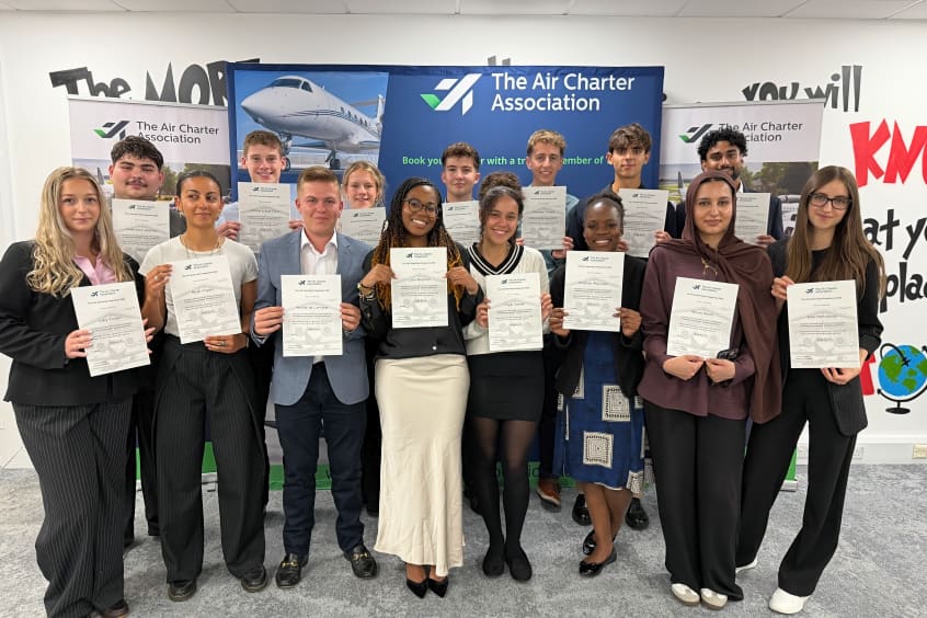 The 15 young people who participated in the ACA’s 2026 internship training week at Biggin Hill. 