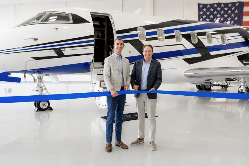 Curtis Edenfield, co-founder and chief executive officer of Thrive, and Rickey Oswald, chief operating officer, at the delivery of the company's first fractional Challenger 3500.