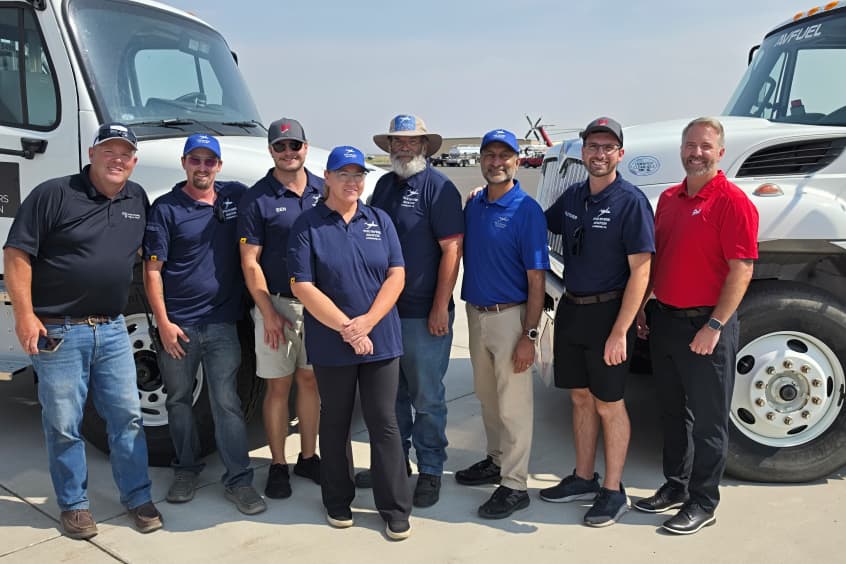 Airport manager Bruce Ransom, line service technician Nate Plush, ops manager Ben Waxman, line service technicians Kim Steinhoff and Steven Crane, CEO Pete Sandhu, office manager Fletcher Ferrara and Avfuel area manager Jeremy Sobolik.