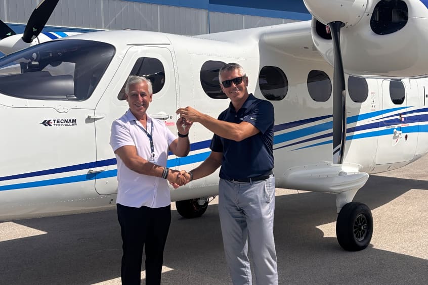 Anthony Marinello, president of Tropic Air Charters, and Francesco Sferra, Tecnam P2012 special mission platforms sales and business development manager.