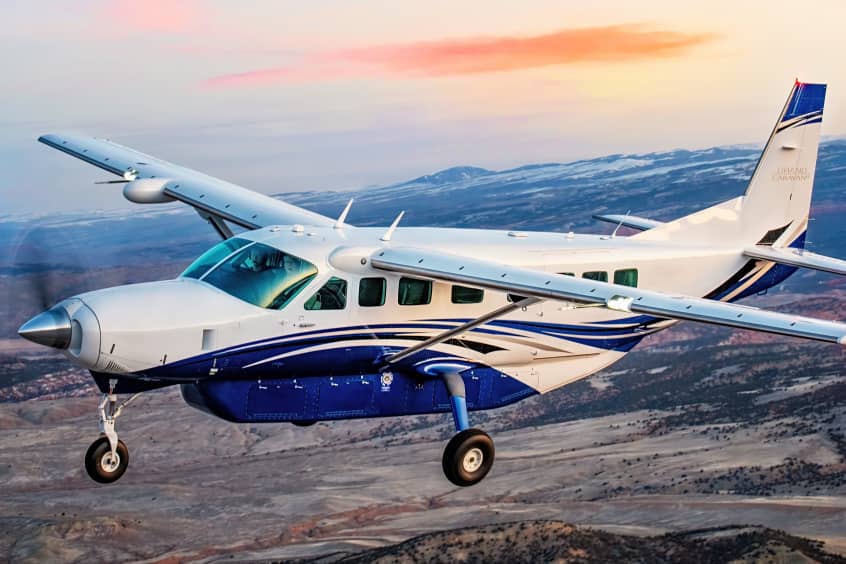 The Grand Caravan EX carries a belly cargo pod for extra baggage and equipment space.