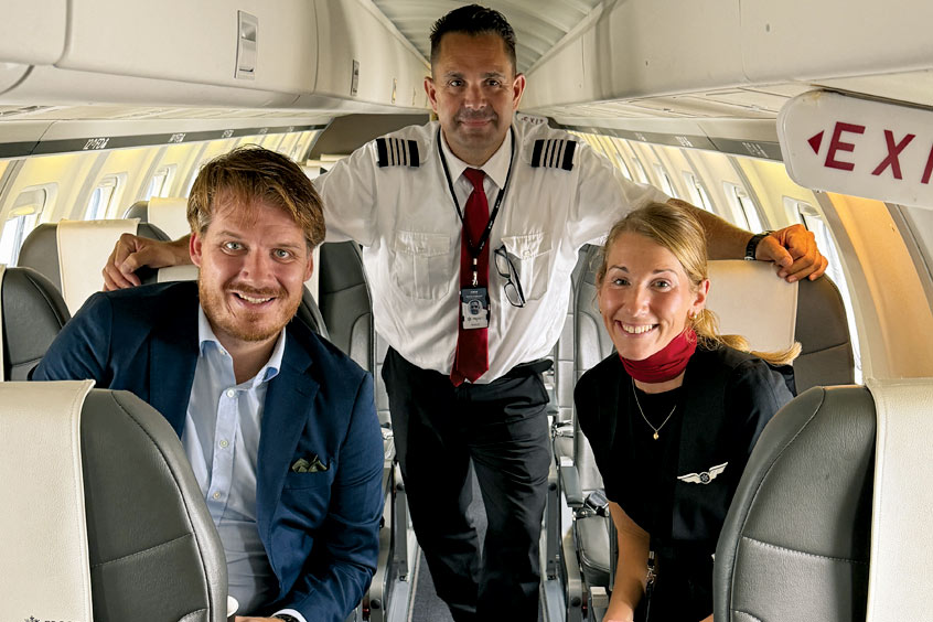 Chief commercial officer Rasmus Fransson, Saab 2000 captain Martin Andersson and Anna Hoover, cabin crew.