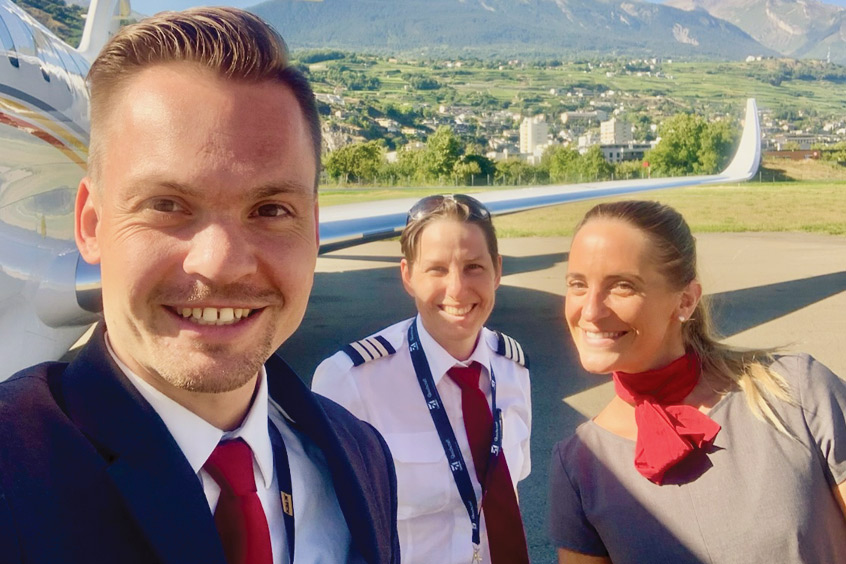 Charter sales director and captain Nico Just, second in command Barbara Liewald and flight attendant Lucia Canatelli.