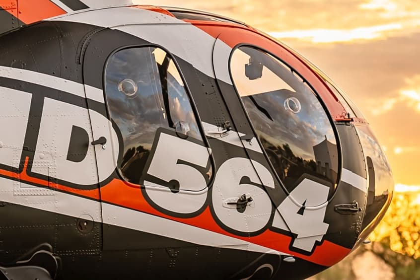 The MD 564 is a 530F-derived airframe carrying a six-blade fully articulated main rotor.