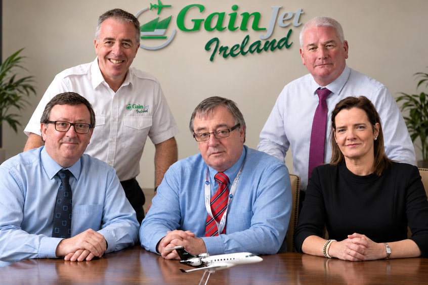 Pictured from left front are ground ops manager Mike Davies, accountable manager Ray Mills and financial controller Una Kennedy. Back left we have compliance manager Seamus Flannery and continuing airworthiness manager Mike Knowles.