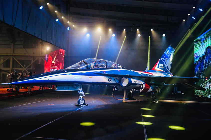 The Advanced Jet Trainer is unveiled at the AIDC) facility in Taichung.  