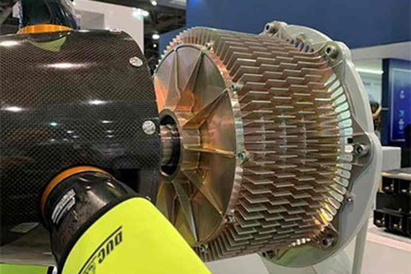 An ENGINeUS 45 motor is displayed at this week’s 2019 NBAA Business Aviation Convention & Exhibition, where Safran Electrical & Power announced its supply of two electric motors for VoltAero’s Cassio 1 testbed airplane.
