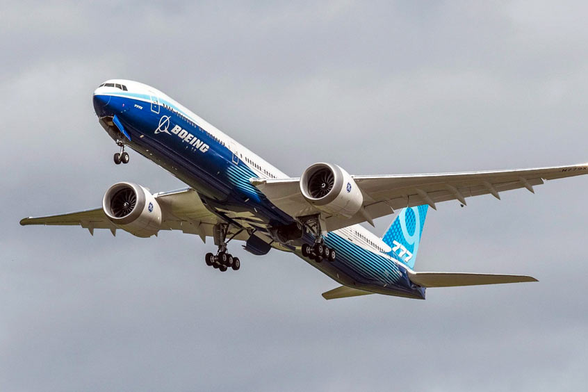 WH002, the second 777X aircraft, takes off from Everett, Washington on April 30, 2020.