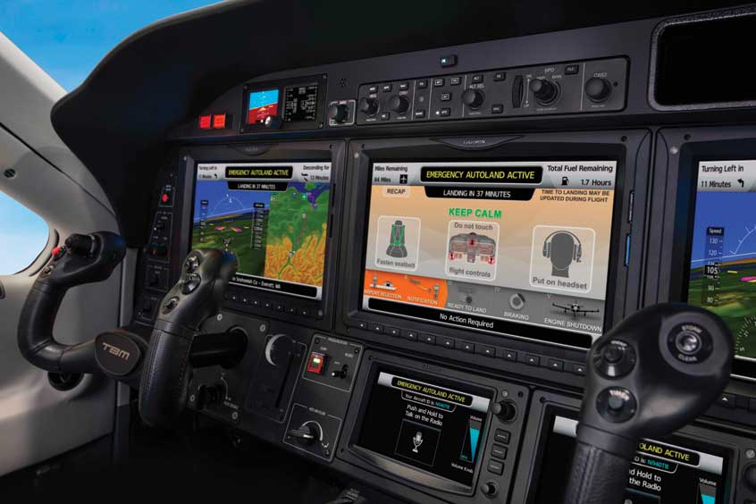 TBM 940 cockpit displaying a Garmin Autoland activation. (Photo: Garmin)