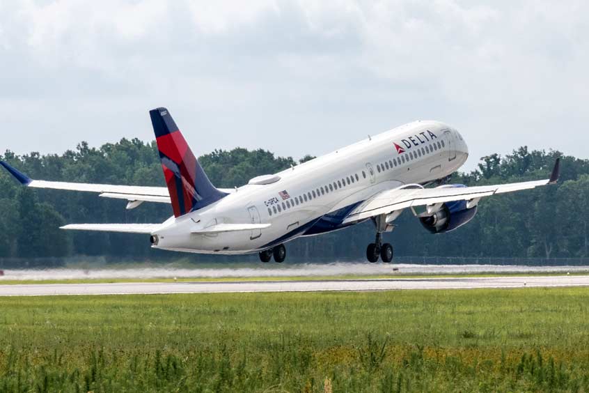 The first U.S.-assembled A220 takes-off from Mobile, Alabama.