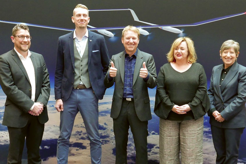 Jude Rushmere from MBIE, Philipp Sueltrop from Kea Aerospace, Mark Rocket from Kea Aerospace, Hon. Minister Megan Woods and Lianne Dalziel, Mayor of Christchurch.